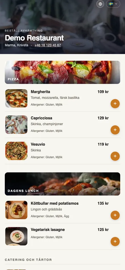 Beställningssidan i en mobil: meny med bilder, priser och allergener