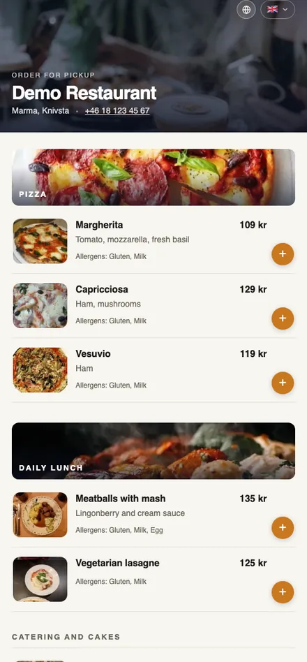 The ordering page on a phone: menu with photos, prices and allergens