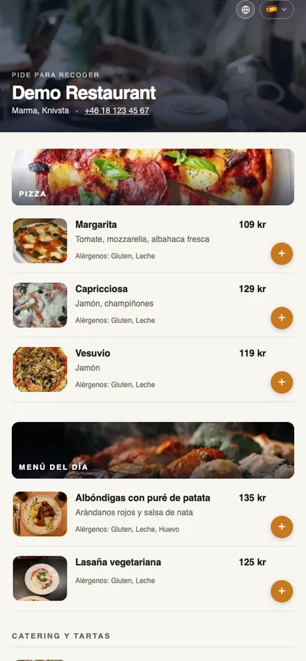 La página de pedidos en un móvil: carta con fotos, precios y alérgenos